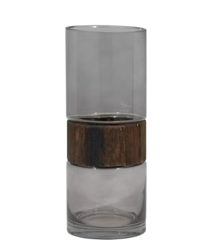 A clear glass cylinder vase with a wood band just below the top edge.