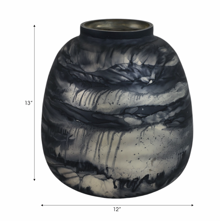 Black blue and grey rounded glass vase on a white background., with dimensions indicating 13" height and 12" width. 
