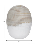 White and beige glass vase on a white background with dimensions indicating 14" height x 11" width. 