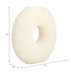 Round ivory vase with a hole in the middle and textured surface, with height, depth and width dimensions. 