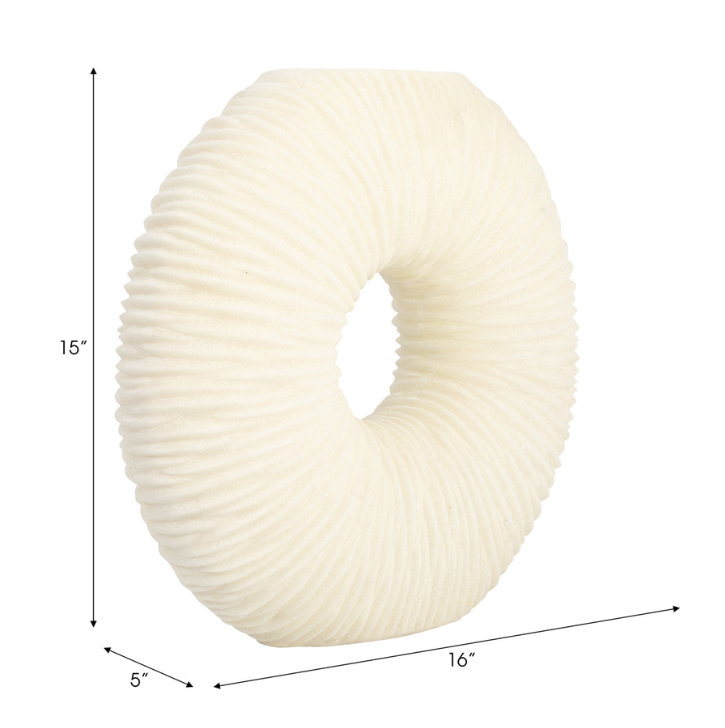 Round ivory vase with a hole in the middle and textured surface, with height, depth and width dimensions. 