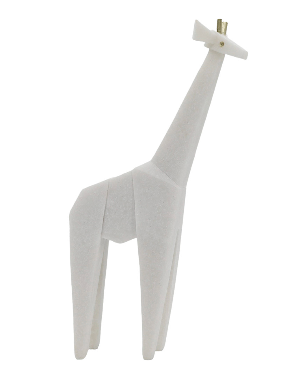 A white giraffe statuary with a single metal screw on top for easy assembly.