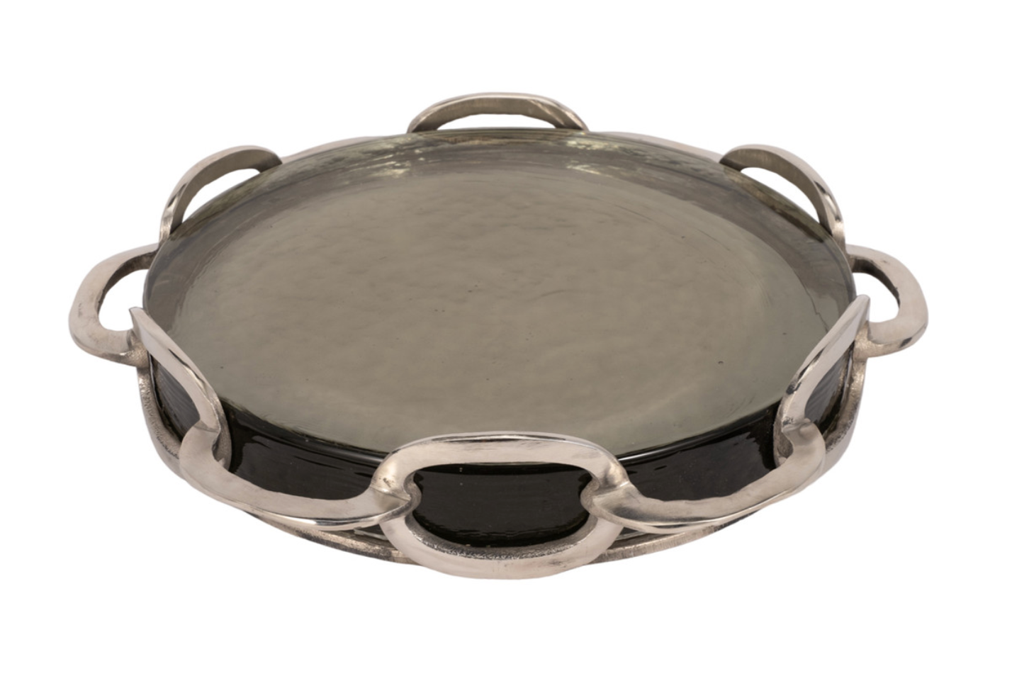 A large silver link tray with a solid pattern and no discernible brand or markings, featuring a shiny surface and metallic finish.