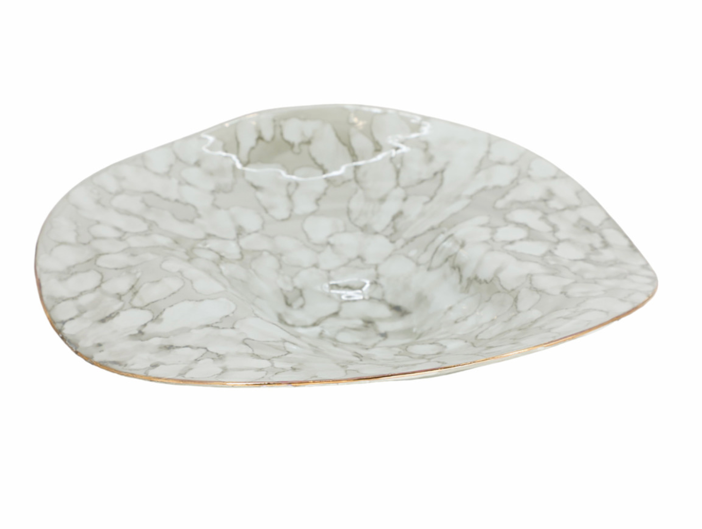 A decorative bowl with a marble-like pattern in white and gray colors.
