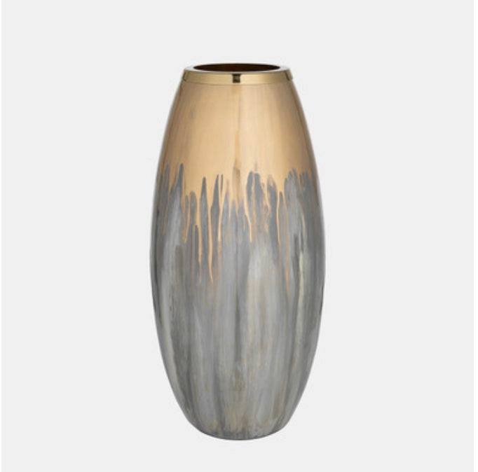 A tapered glass vase with a metal ring at the top, featuring a gradient of champagne gold to a lighter color towards the base.