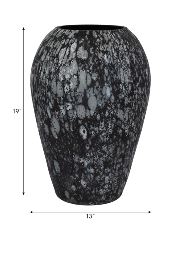 Black glass vase with abstract grey pattern, with height and width dimensions on a white background.