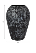 Black glass vase with abstract grey pattern, with height and width dimensions on a white background.