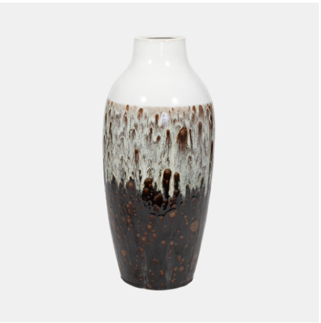 Tall white, beige and brown vase with rounded body and narrow next. 