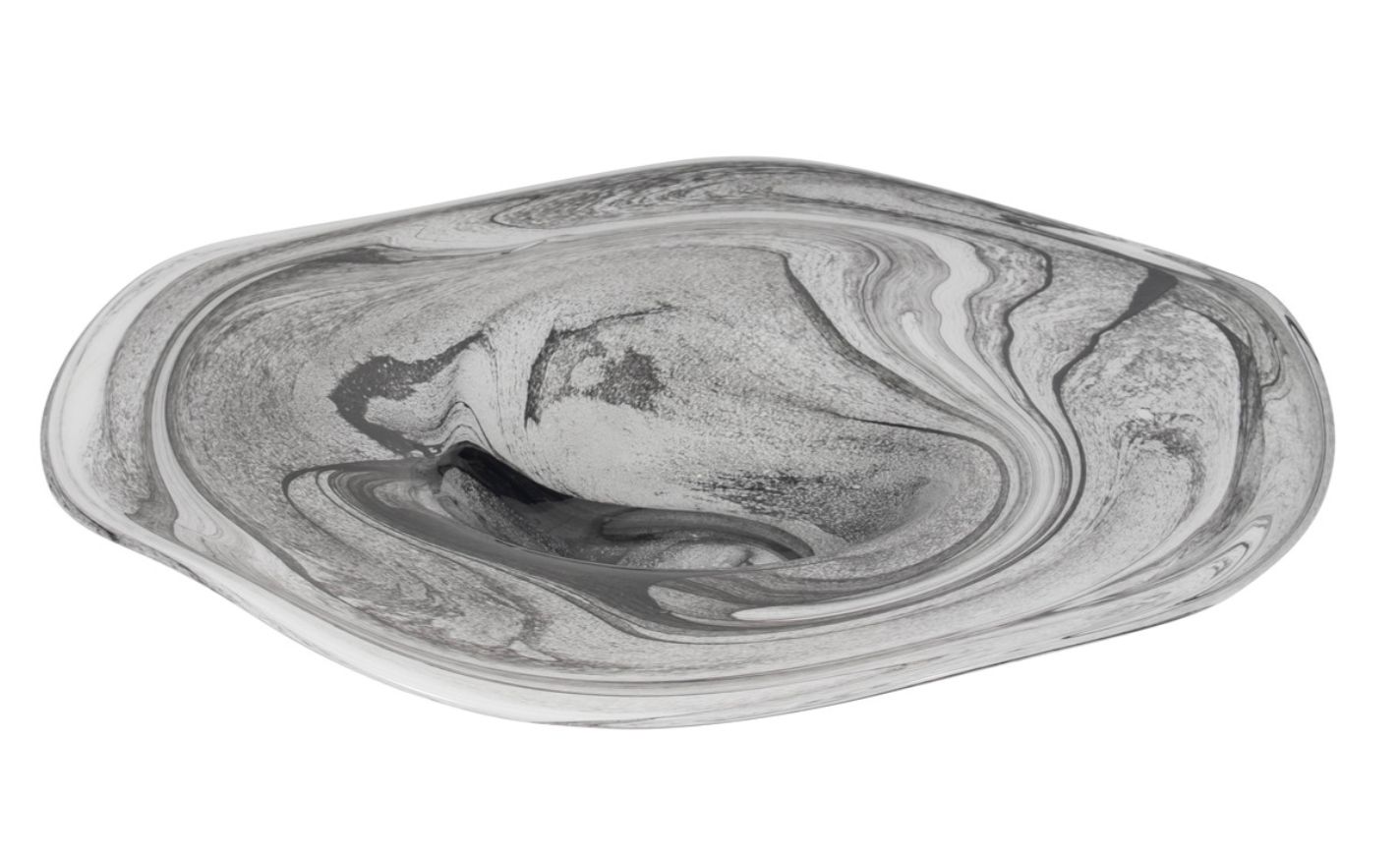 A clear glass charger plate with a gray swirl pattern.