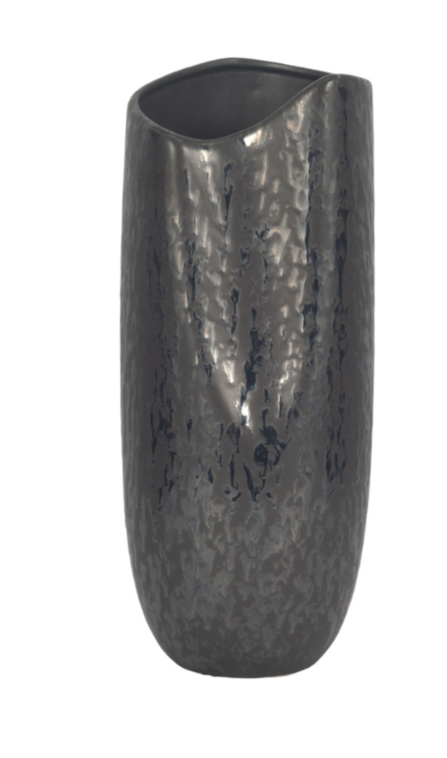 A black, ceramic vase with a textured surface and an angled opening.