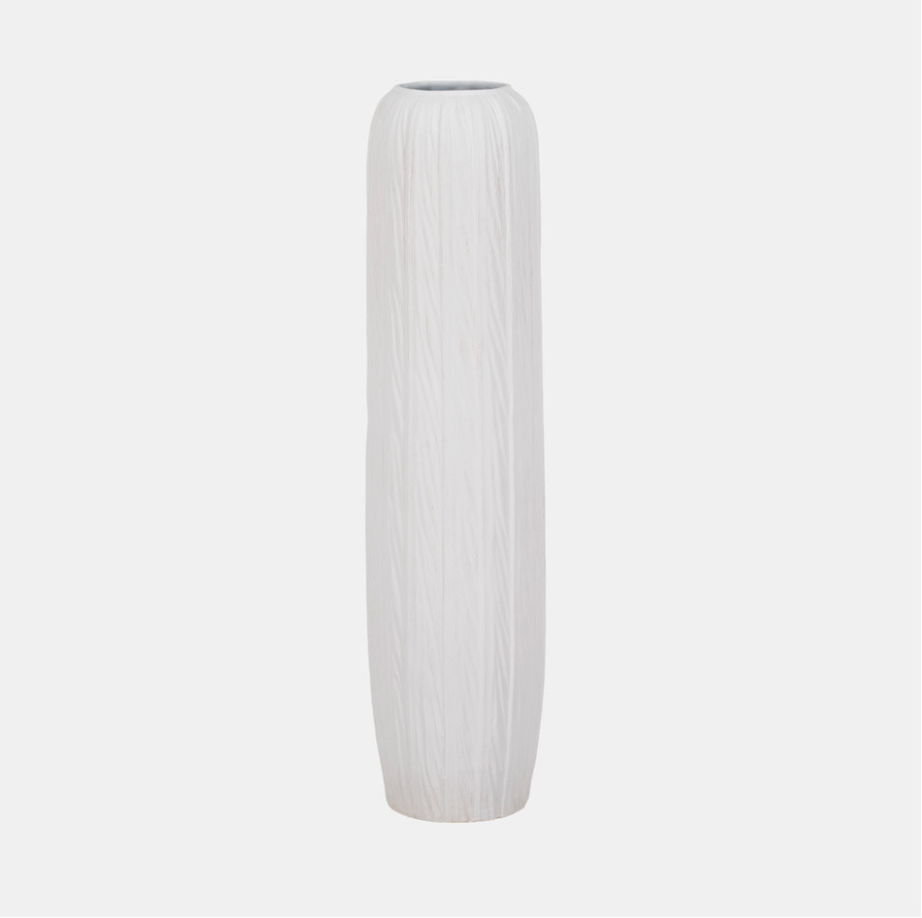 Tall, textured white vase on a light gray background