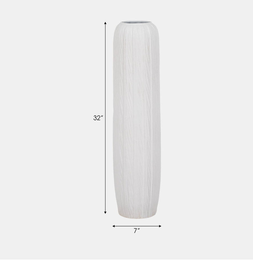 White textured vase with dimensions on a light gray background