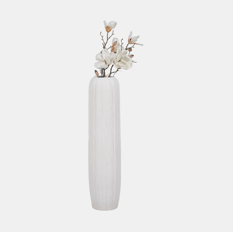 White textured vase with flowers on a light gray background