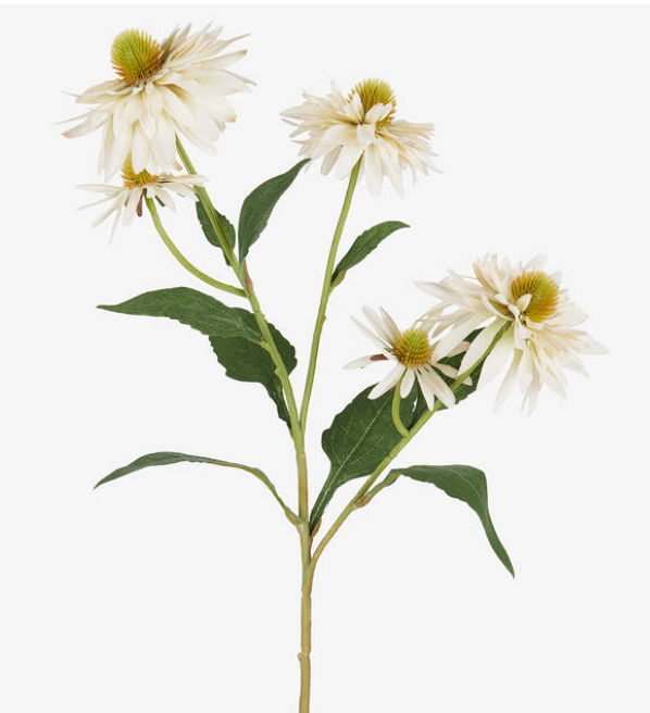 Artificial flower branch with white flowers and green leaves on a white background