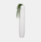 Tall white planter with green plant on a light gray background