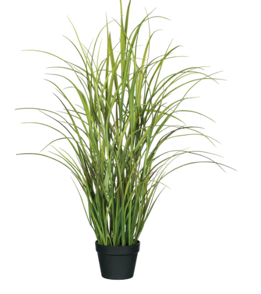 A lifelike potted grass plant with green blades in a black pot, designed for indoor decoration.