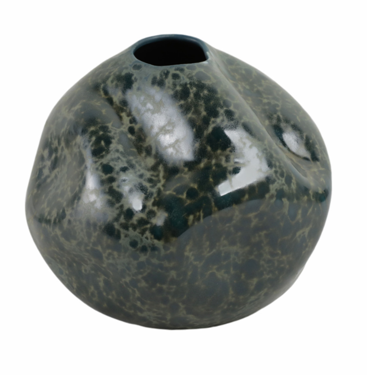 A round ceramic vase with a marbled dark green and gray color.