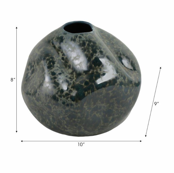 A round ceramic vase with a marbled dark green and gray color, with dimensions indicating 8" height, 9" depth and 10" width. 