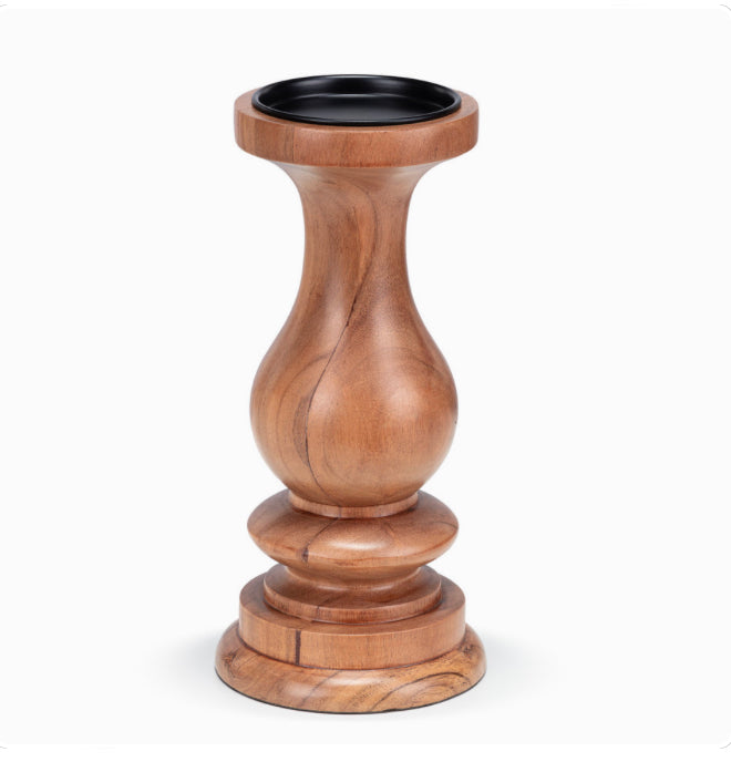 Acacia Wood Pillar Candle Holder on a white background. 