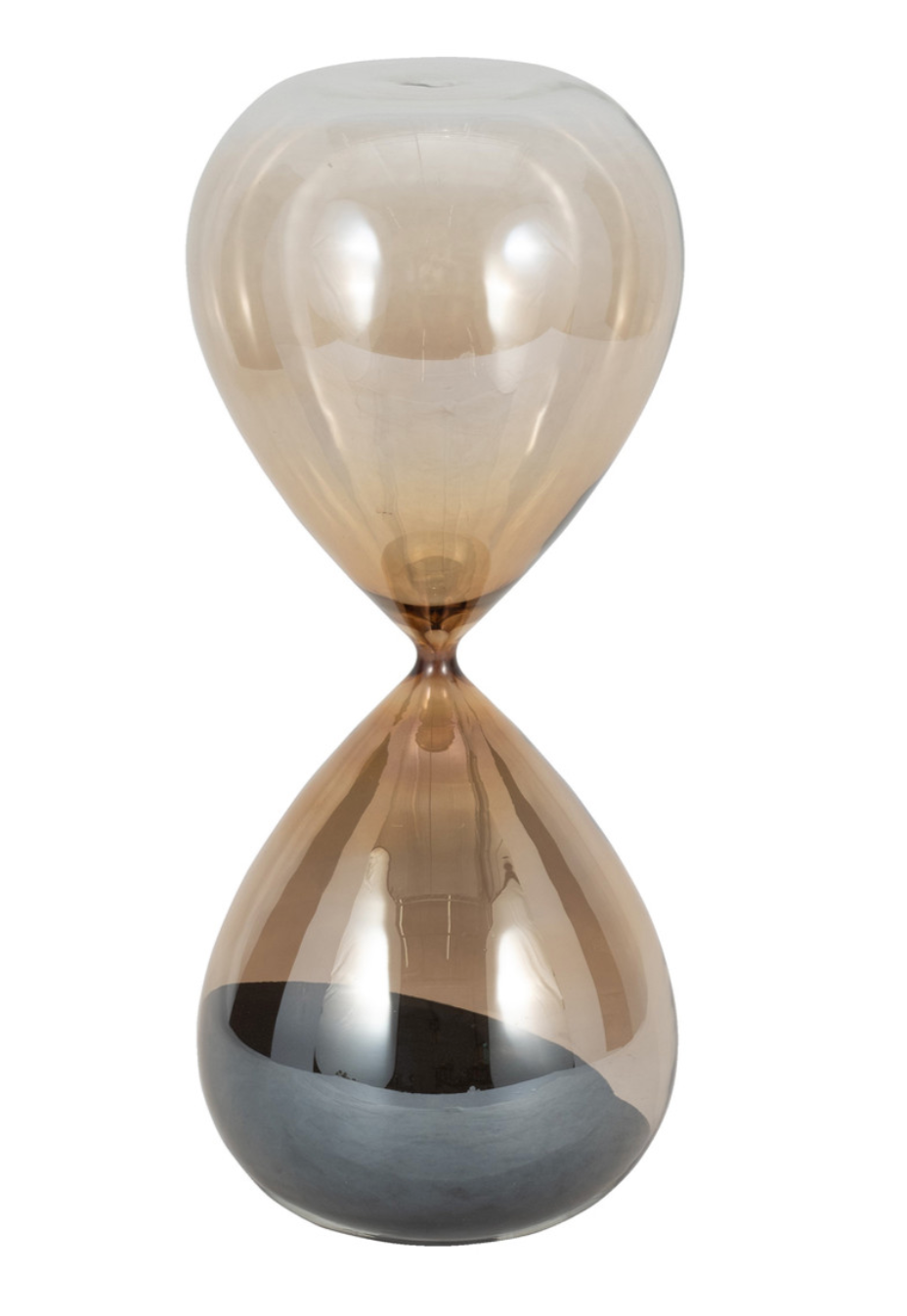 A beige and amber hourglass with a reflective surface.