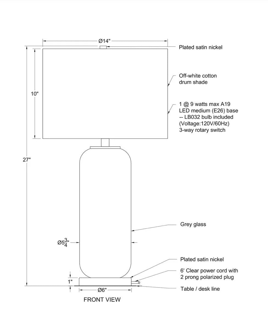 Measurements and material details for the Ahren table lamp. 