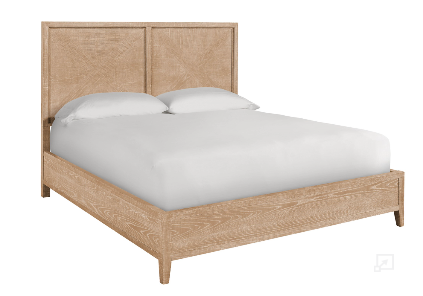 A rustic natural oak queen-sized bed with a headboard and footboard, dressed with white bedding.