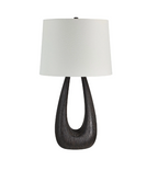 A Beckham table lamp with a dark walnut-painted iron body and an ivory linen tapered drum shade.