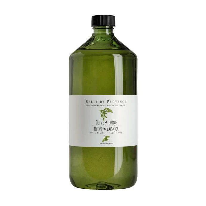 A clear bottle of Belle De Provence liquid soap with a label that reads 'OLIVE & LAVENDER' and has a blue cap.