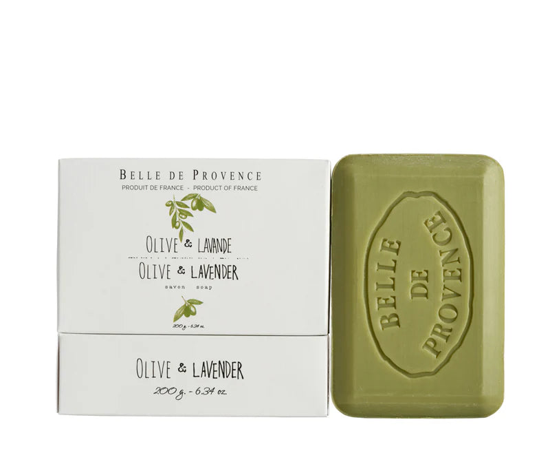 White box package of Belle De Provence bar soap labeled Olive & Lavender beside a green bar soap labelled Bell De Provence. 