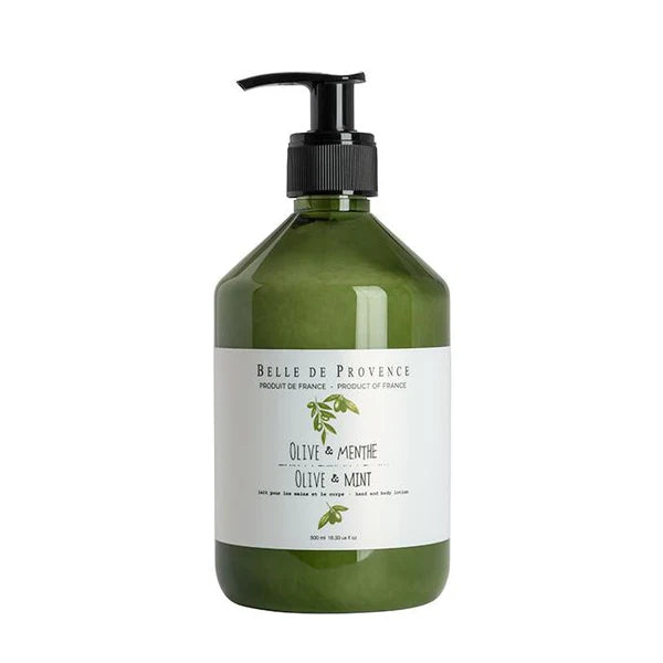 Green bottle of Belle de Provence - Olive Mint Hand & Body Lotion on a white background. 