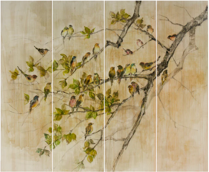 Four panels of a nature-themed artwork with birds and branches on a beige background