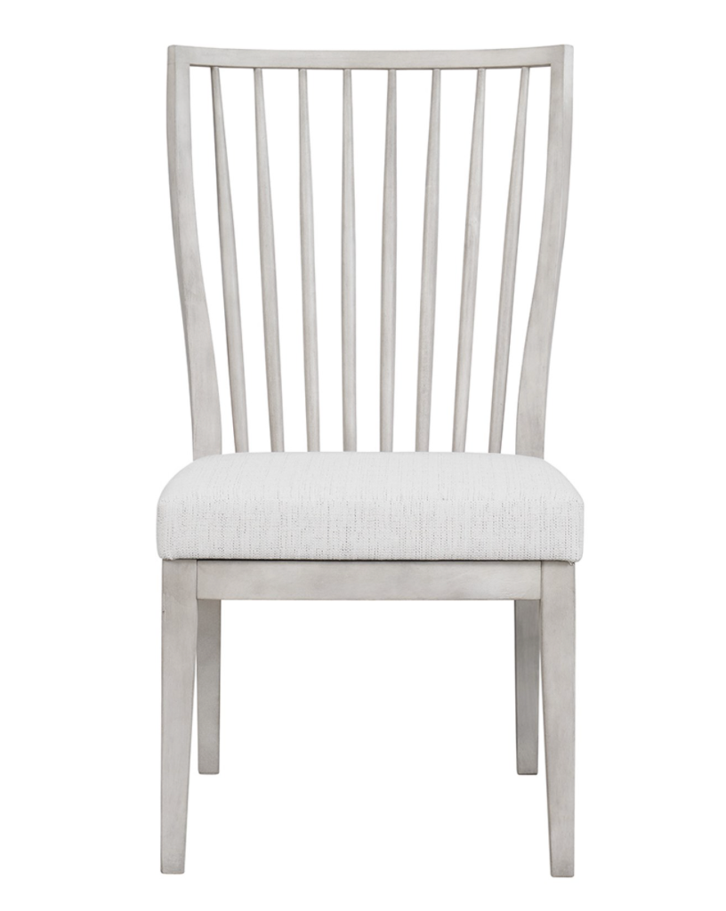 A contemporary side chair with a slat back and an upholstered seat cushion, in a weathered gray finish.