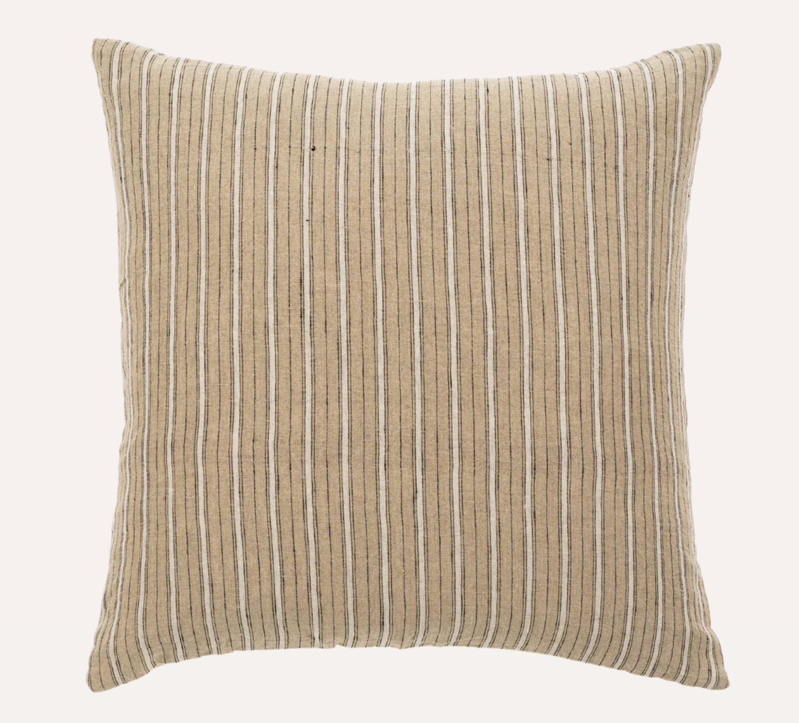 A square-shaped Brighton Stripe Linen Pillow with beige and gray vertical stripes.