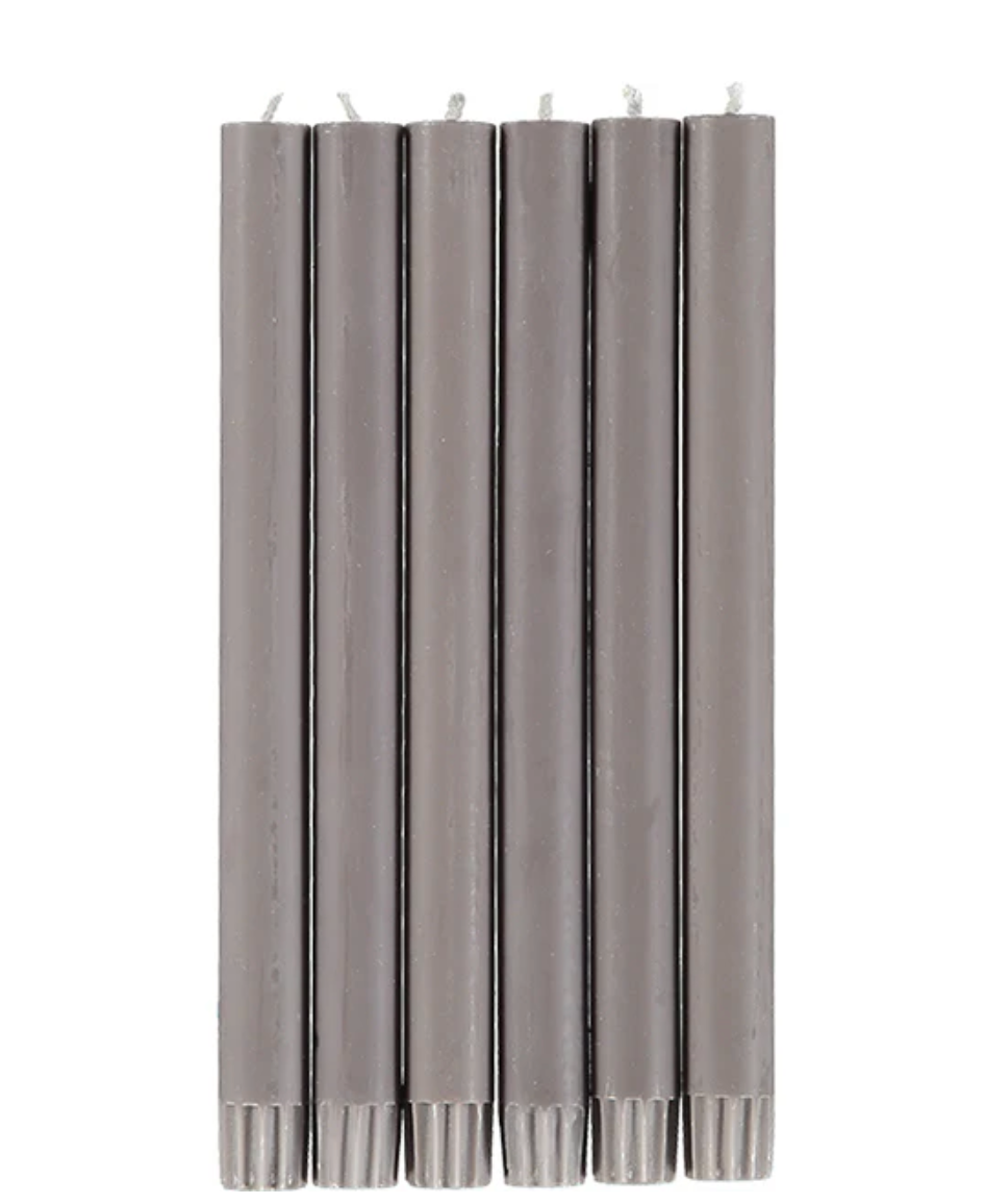 A set of six fawn-colored dinner candles presented in a gift box, with a height of 25cm / 10 inches.