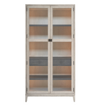 Light wash wooden cabinet with glass doors, 4 interior shelves and one drawer. 