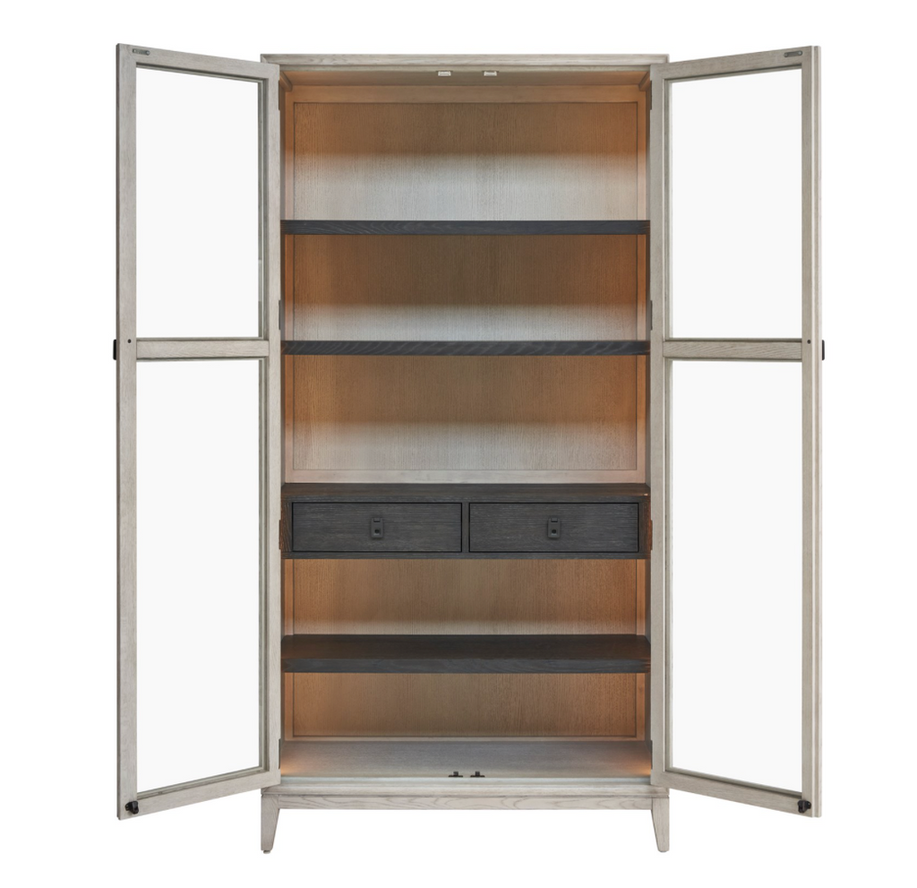 Light wash wooden cabinet with glass doors, 4 interior shelves and one drawer, with doors open. 