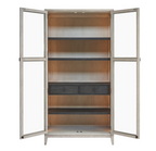Light wash wooden cabinet with glass doors, 4 interior shelves and one drawer, with doors open. 
