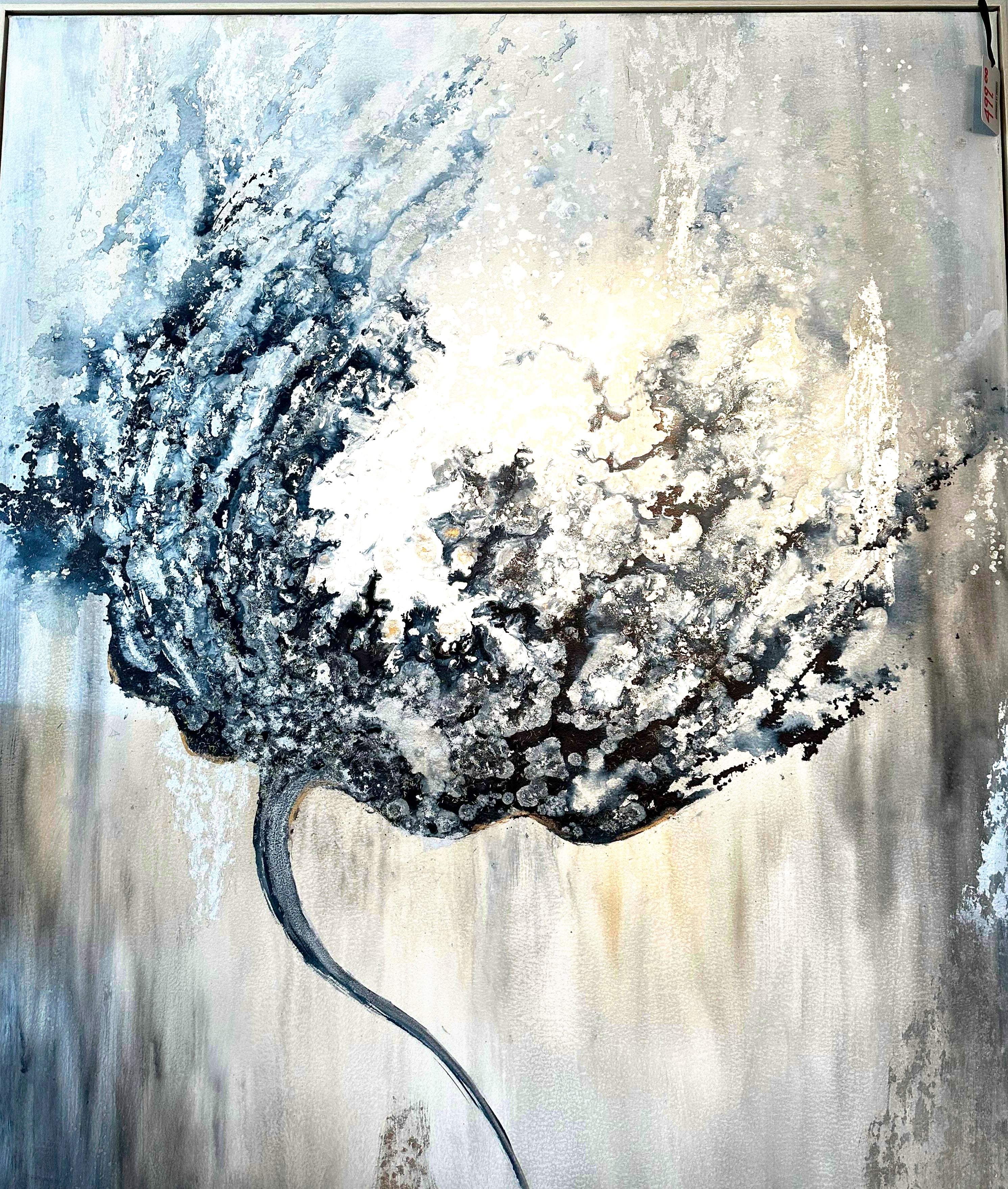 Abstract art piece with blue and white elements on a textured background