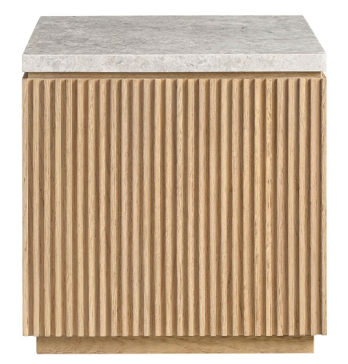 A side table with a stone top and a wooden, vertically grooved skirt.