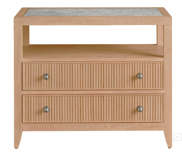 A beige two-drawer nightstand with a stone inset top and metal ring pulls.