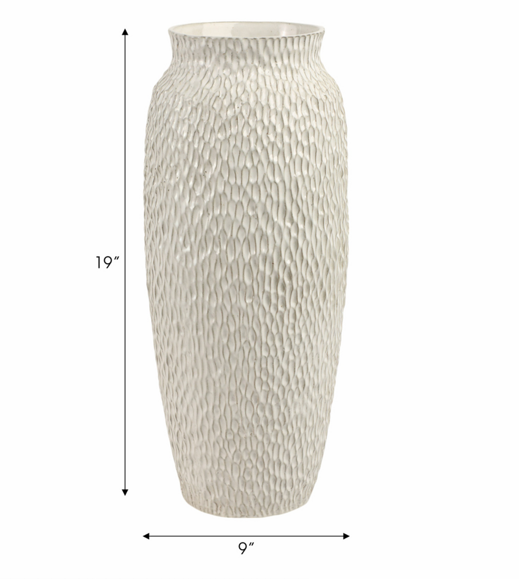 Textured white vase with dimensions on a white background
