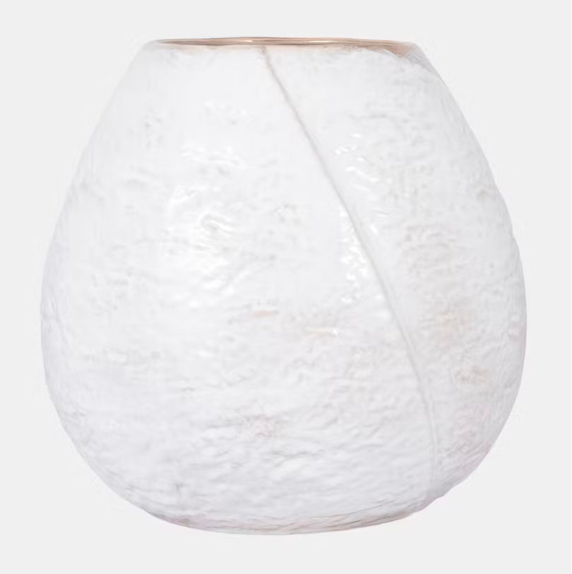 A round, ivory-colored ceramic vase with a textured surface.