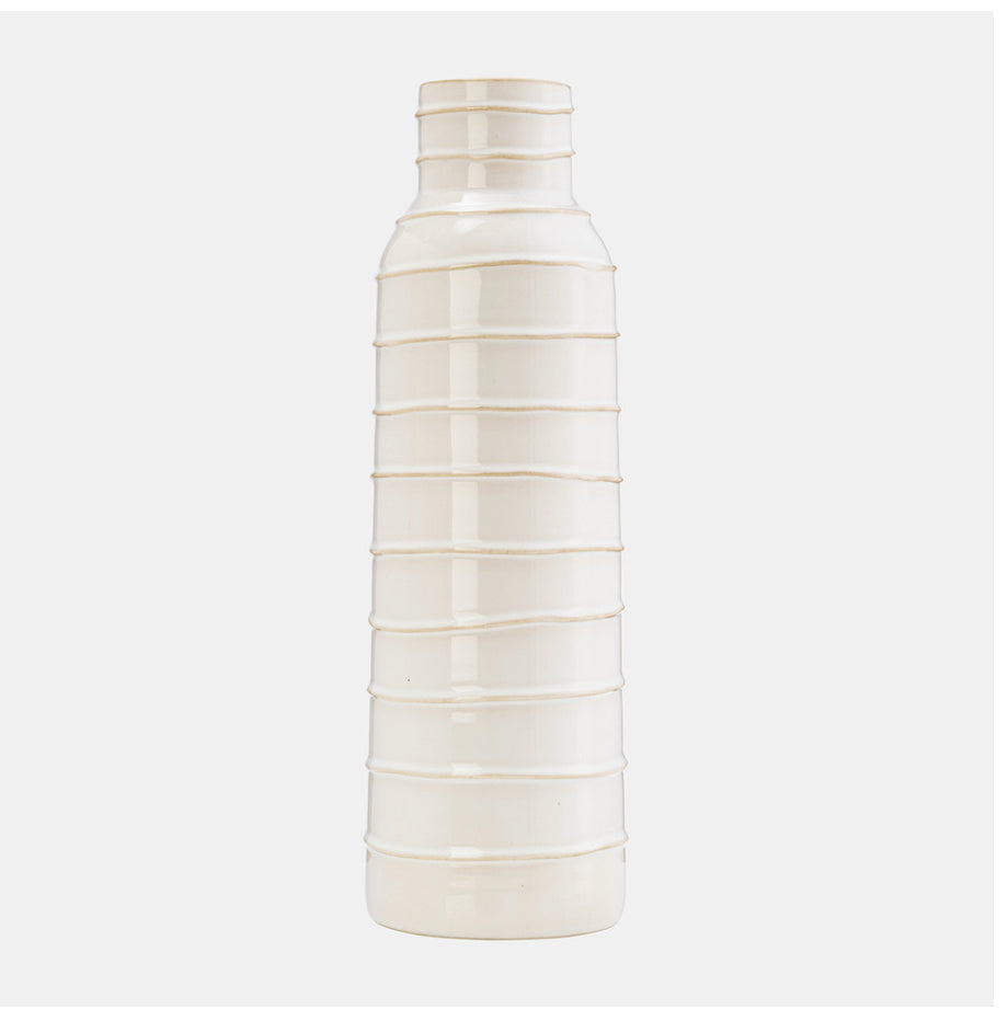 A beige, 17-inch tall tribal-style vase with a textured, layered design.