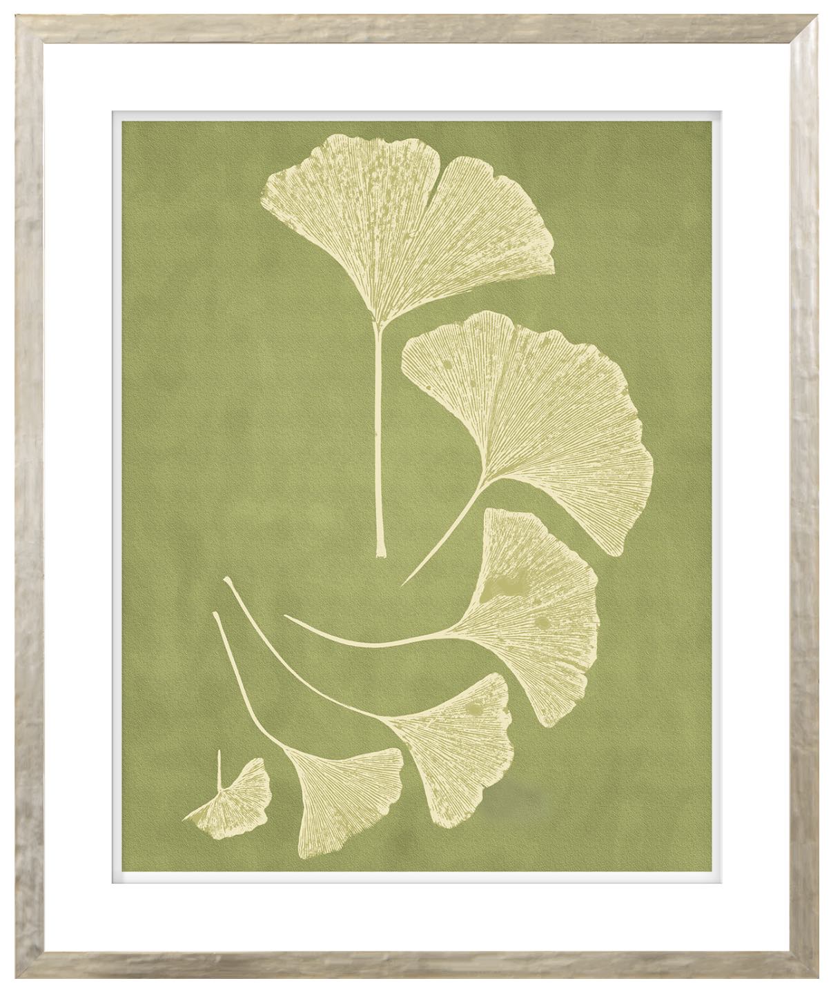 A framed artwork featuring a detailed illustration of ginkgo leaves on a green background, housed in a contemporary silver frame with a raised matte detail.