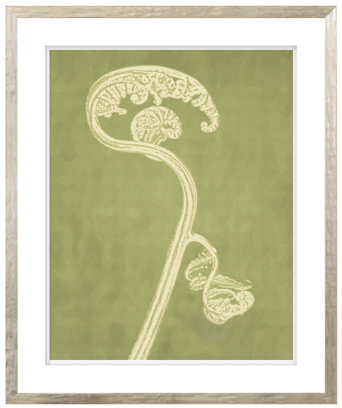 A framed artwork featuring a stylized green plant with a contemporary silver profile and raised matte detail.