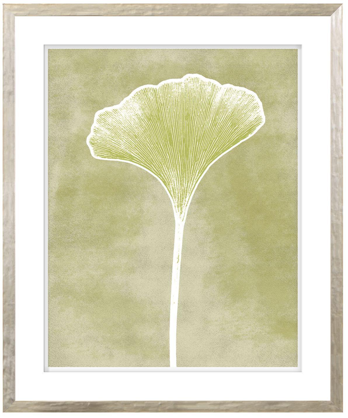 A framed artwork featuring a single ginko leaf on a chartreuse green background with a raised matte detail and a contemporary silver profile.