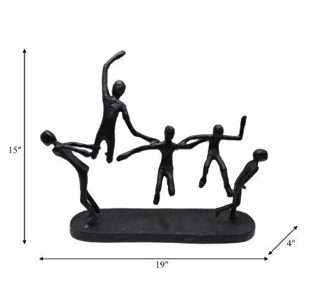 Black metal sculpture featuring 5 abstract human figures. 
