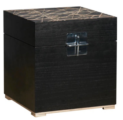 Dark brown wooden storage chest with silver metallic latch. 