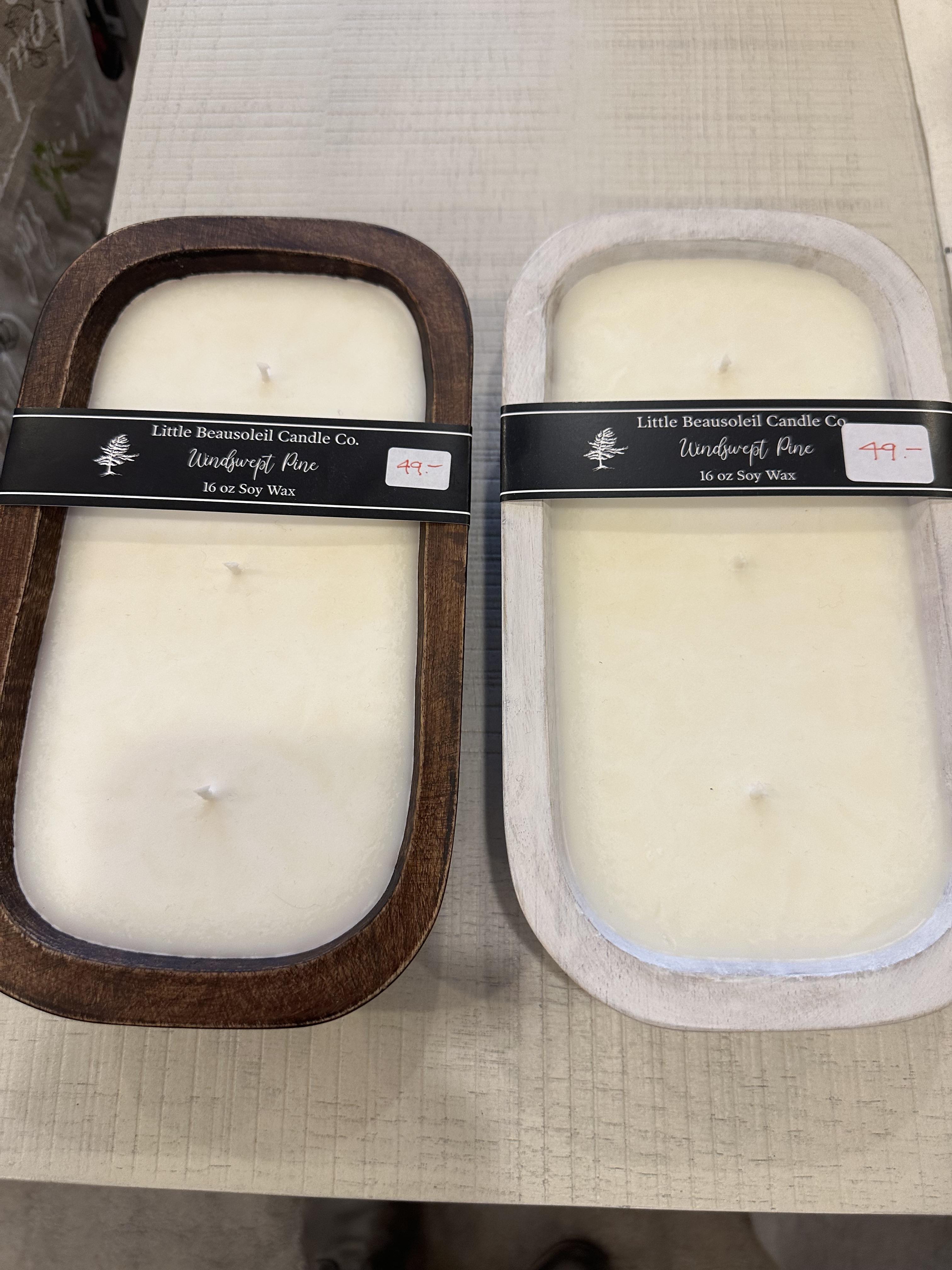 Two candle holders, one beige and one pine brown, with labels on top.