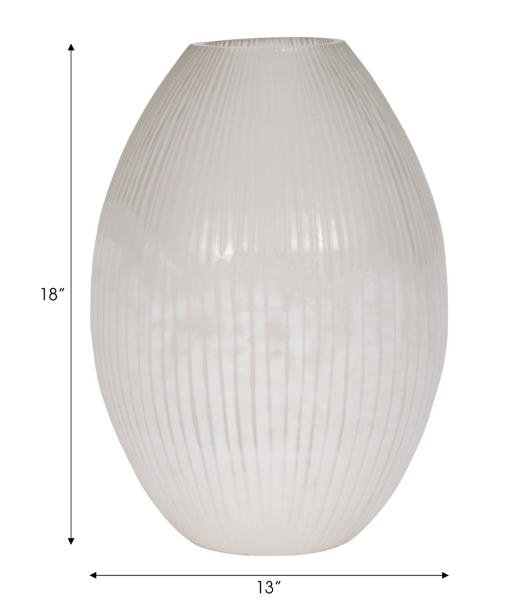 Decorative white vase with ribbed design on a white background indicating dimensions of 18" high and 13" wide. 